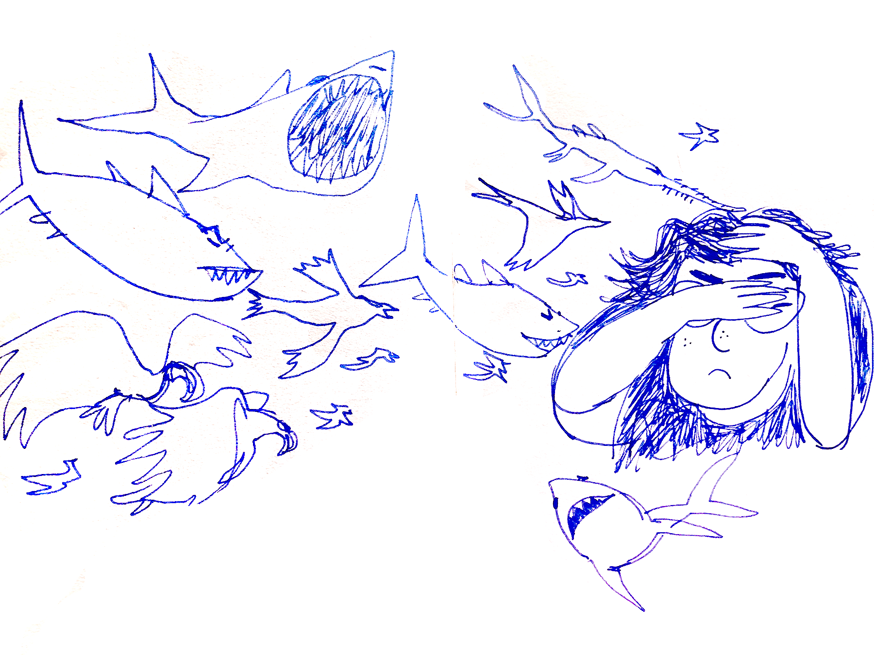 A girl being attacked by sharks